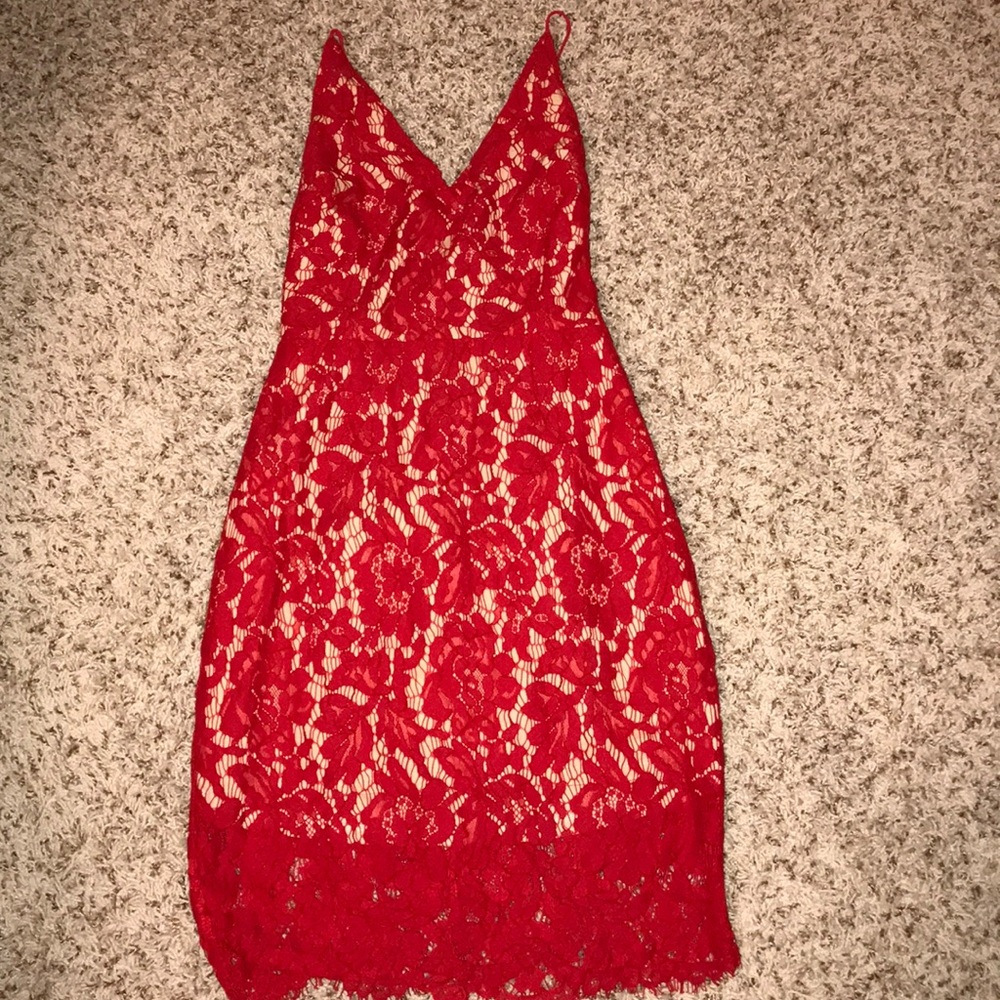 LUSH CURVY ROAD AHEAD RED LACE DRESS